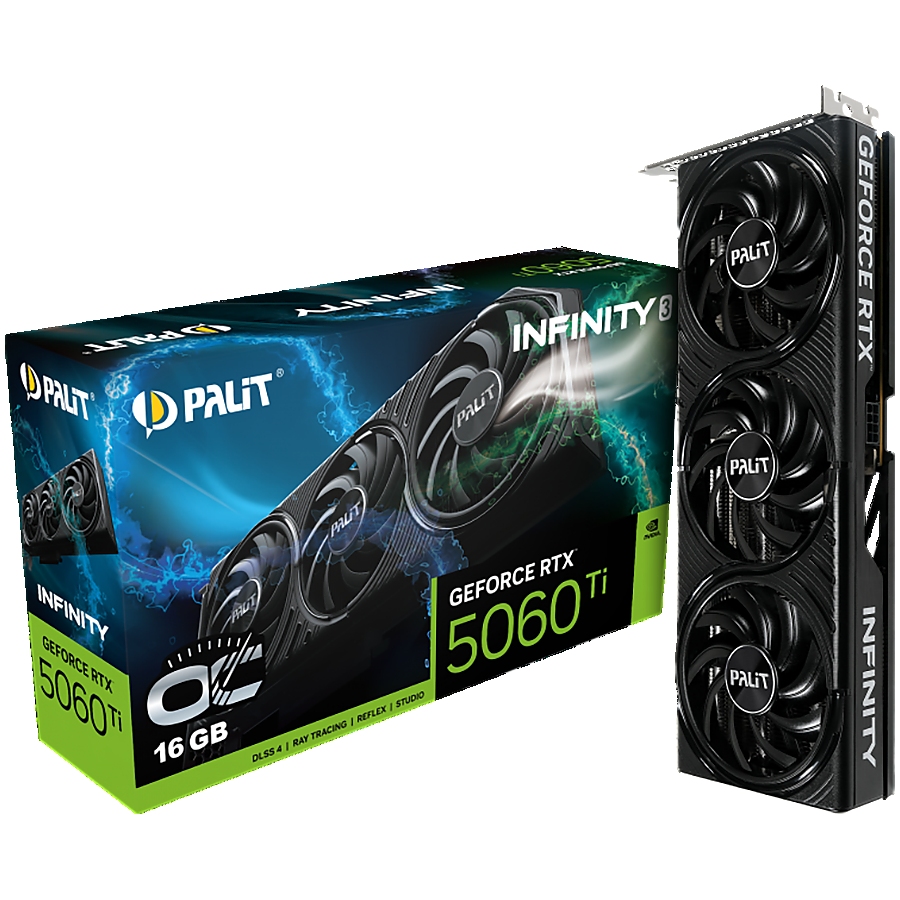 PALIT GeForce RTX 5060 Ti Infinity 3 OC 16GB GDDR7 128 bit, 1x HDMI 2.1b, 3x DP 2.1b, 3 Fan, 1x 8-pin pwr connector, 600W, 291.9 x 116.6 x 41.3 mm, NE7506TS19T1-GB2061S