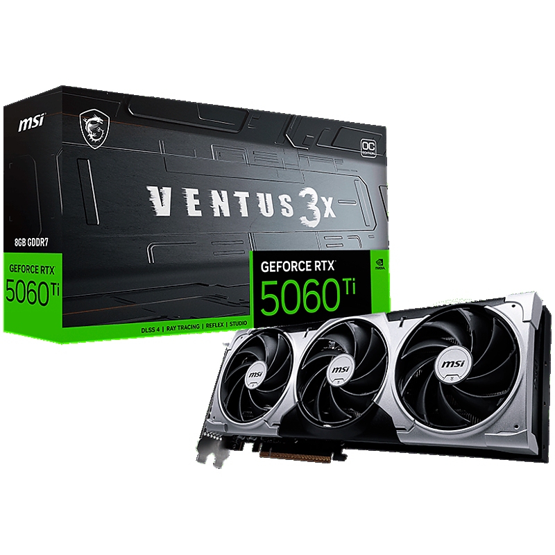 MSI Video Card NVIDIA GeForce RTX 5060 Ti 8G VENTUS 3X OC, 8GB GDDR7, 128-bit, 2617 MHz Boost, 4608 CUDA Cores, PCIe 5.0 (x8), 3x DP 2.1b, HDMI 2.1b, RAY TRACING, Triple Fan, 180W TDP, 8-pin PCIe Power, G-SYNC, 2-Slot, 3Y
