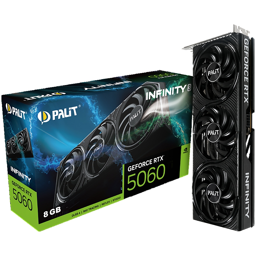 PALIT GeForce RTX 5060 Infinity 3 8GB GDDR7 128 bit, 1x HDMI 2.1b, 3x DP 2.1b, 2 Fan, 1x 8-pin pwr connector, 550W, 291.9 x 116.6 x 41.3 mm, NE75060019P1-GB2063S