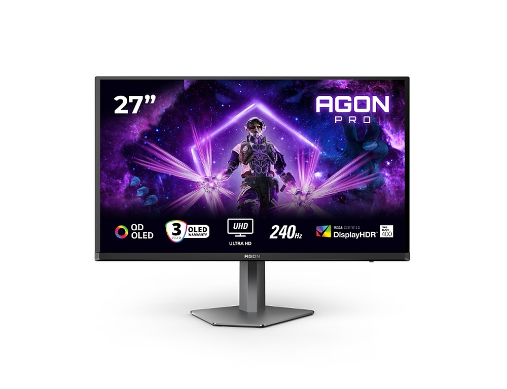 AOC AG276UZD, 26.5" QD-OLED, 3840x2160@240Hz, 0.03ms GtG, 1000cd m/2, 1.500.000:1, 80M:1 DCR, Adaptive Sync, FlickerFree, LowBlue Mode, 5Wx2, Tilt, Height Adjust, Pivot, Swivel, 2xHDMI, DP, USB hub, KVM