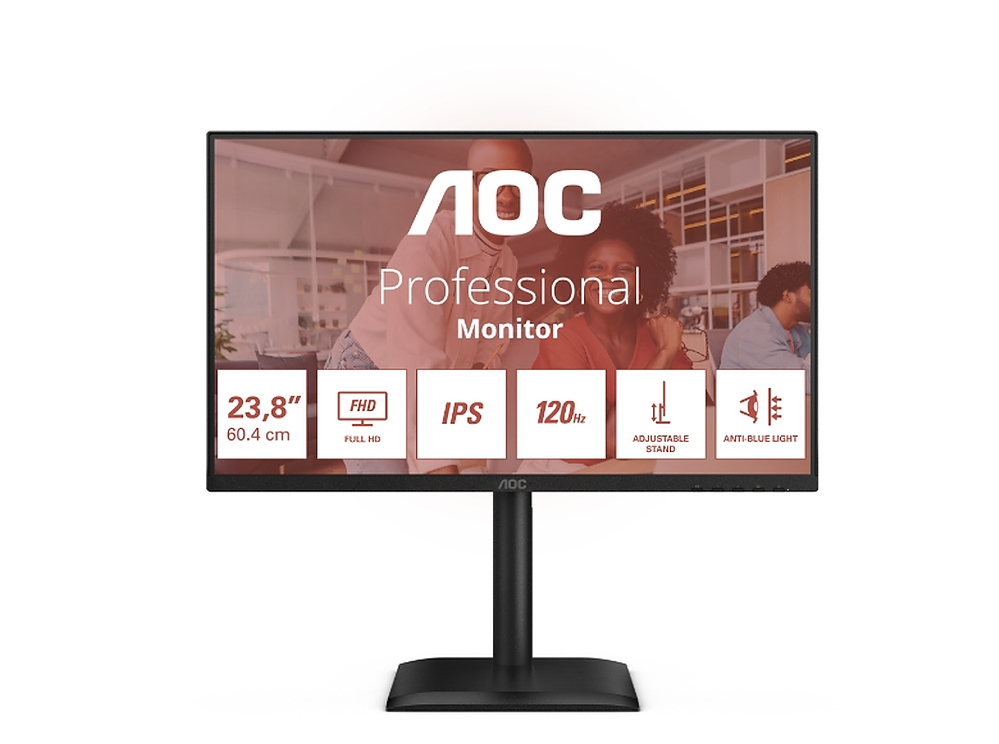 AOC 24E4U, 23.8" IPS WLED, 1920x1080@120Hz, 4ms GtG, 300cd m/2, 1500:1, 20M:1 DCR, Adaptive Sync, FlickerFree, Anti Blue Light, 2Wx2, Tilt, Height Adjust, Pivot, Swivel, D-SUB, HDMI, USB Hub