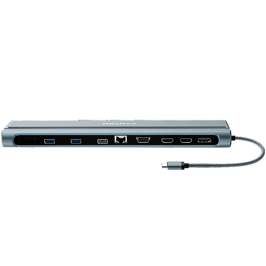 CANYON DS-90, 14 in 1 hub, with Type C female *2,Type C male *1:max 10Gbps,USBA*3:max 10Gbps,DP*1，VGA*1,SD card slot*1,TF card slot*1,Audio 3.5 audio*1,HDMI*2,RJ45*1,cable length 0.20m,Aluminum alloy housing,76*22.5*301mm,Dark grey