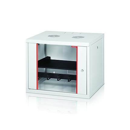 Formrack 19" Wall Mounted rack 16U 555/450mm, removable locking sides, height: 771mm, loading capacity: 100kg., tempered glass door, 19" front rails (back rails optionable)