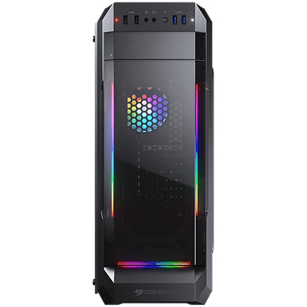 COUGAR MX331-T, Mid Tower, MiniITX/MicroATX/ATX, 204x481x443(mm), USB 3.0 x 2, USB 2.0 x 2, Mic x 1 / Audio x 1, RGB Control Button, Acyrlic with ARGB strips Front Panel, 120mm x 1(ARGB fan x1 pre-installed), 4mm Tempered Glass Left Panel, 5 Fans Max