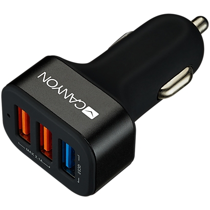 CANYON C-07 Universal 3xUSB car adapter(1 USB with Quick Charger QC3.0), Input 12-24V, Output USB/5V-2.1A+QC3.0/5V-2.4A&9V-2A&12V-1.5A, with Smart IC, black rubber coating+black metal ring+QC3.0 port with blue/other ports in orange, 66*35.2*25.1mm, 0.025