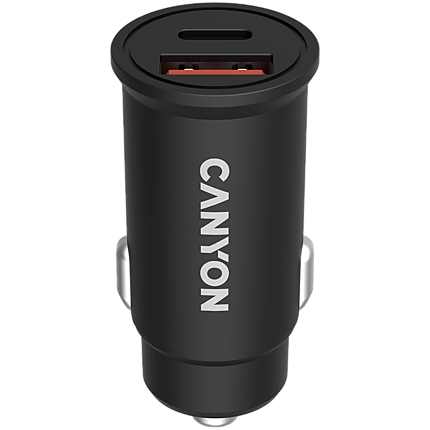 CANYON  PD 30W/QC3.0 18W Pocket size car charger with 1-USB A+ 1-USB-C Input: DC12V-24V, Output: USBC: PD30W( 5V3A/9V3A/12V2.5A/15V2A/20V1.5A),USB-A:QC3.0 18W (5V3A