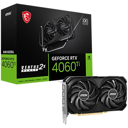 MSI Video Card Nvidia GeForce RTX 4060 Ti VENTUS 2X BLACK 8G OC, 8GB GDDR6, 128bit, Effective Memory Clock: 18000MHz, Boost: 2580 MHz, 4352 CUDA Cores, PCIe 4.0, 3x DP 1.4a, HDMI 2.1a, RAY TRACING, Dual Fan, 1x 8pin, 550W Recommended PSU, 3Y