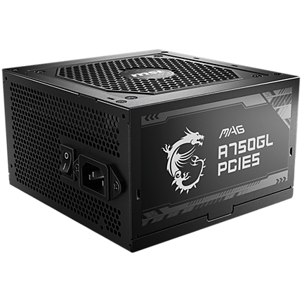 MSI MAG A750GL PCIE5, 750W, 80 Plus Gold, ATX Form Factor, 100~240 Vac Input Voltage, 47Hz ~ 63Hz Input Frequency, 120 mm Fan, 140 x 150 x 86mm, Active PFC, OCP, OVP, OPP, OTP, SCP, UVP, ATX, 2xEPS, 4XPCi-E, 8xSATA, 4xMOLEX, 1xFDD