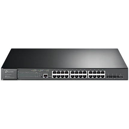 JetStream 24-Port Gigabit and 4-Port 10GE SFP+ L2+ Managed Switch with 24-Port PoE+PORT: 24Г— Gigabit PoE+ Ports, 4Г— 10G SFP+ Slots, RJ45/Micro-USB Console PortSPEC: 802.3at/af, 384 W PoE Power, 1U 19-inch Rack-mountable Steel Case