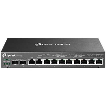 TP-Link ER7212PC Omada Gigabit VPN Router with PoE+ Ports and Controller Ability, 2Г— G SFP WAN/LAN Port, 1Г— G RJ45 WAN Port, 1Г— G RJ45 WAN/LAN Ports, 8Г— G PoE+ RJ45 LAN ports, 802.3at/af, 110 W PoE Power, 3-in-1 (Router, PoE+ Switch, Controller)