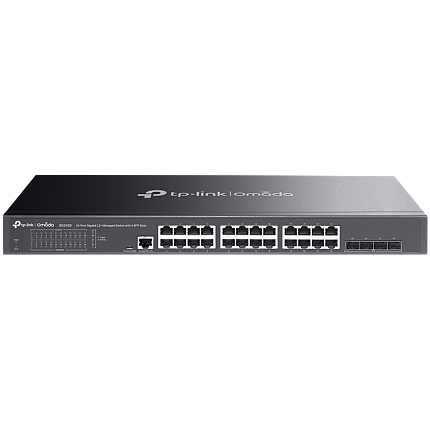 TP-Link SG3428 Omada 24-Port Gigabit L2+ Managed Switch with 4 SFP Slots, 24× Gigabit RJ45 ports and 4× Gigabit SFP slots, Omada APP, Static Routing, VLAN, ACL, QoS, IGMP Snooping, OAM, DDM, ERPS, Fanless, 1U, Zero-TouchProvisioning, ERPS