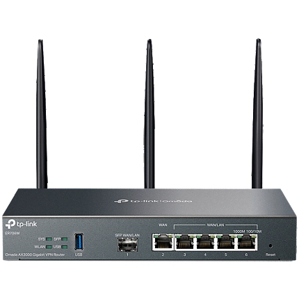 TP-Link ER706W Omada AX3000 Wi-Fi 6 Gigabit VPN Router, 1× Gigabit SFP WAN/LAN Port, 1× Gigabit RJ45 WAN Port, 4× Gigabit WAN/LAN RJ45 Ports, 1× USB 3.0, 574Mbps at 2.4 GHz + 2402 Mbps at 5 GHz (HE160), Integration with Omada SDN, SSL VPN, OpenVP
