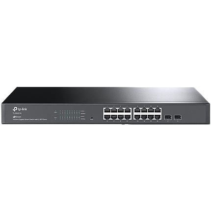 TP-Link SG2218 Omada 16-Port Gigabit Smart Switch with 2 SFP Slots, 16×G RJ45 ports and 2×G SFP slots, Fanless, Zero-Touch Provisioning, 802.1Q VLAN, STP/RSTP/MSTP, Omada App, Static Routing, Rack Mountable, 802.1p/DSCP QoS, ACL, 802.1x, CLI, SNMP