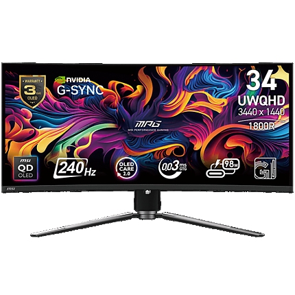 MSI MPG 341CQPX QD-OLED Gaming Monitor, 34.18" 240Hz, UWQHD (3440x1440) 21:9, QD-OLED Anti-Reflection, 0.03ms, 250nits, 1500000:1, 178/178, G-Sync Compatible, DisplayHDR True Black 400, Adjustable Stand, 1x DP, 2x HDMI, 1x Type-C 98W, 3Y Warranty