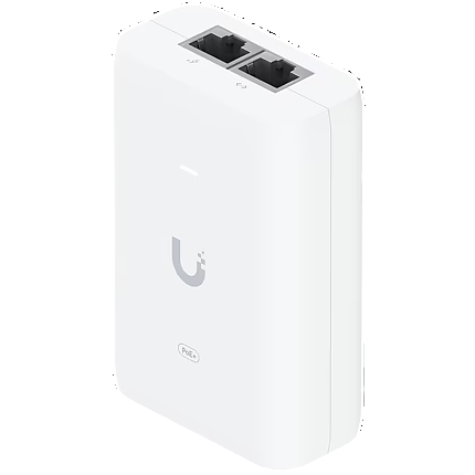 Ubiquiti U-POE+ adapter 30W, powers UniFi PoE+ devices, reduce dependency on PoE switch power, Contains RJ45 data input, AC cable with earth ground, and PoE+ output