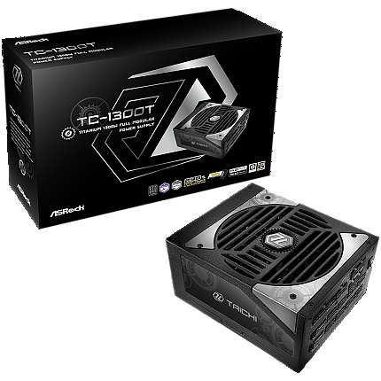 Asrock TC-1300T, 1300W, 80 Plus Titanium, Fully Modular PSU, Japanese Capacitors, 2x EPS 12V CPU(4+4pin), 2x PCIe5.1 (12+4pin), 8x PCIe (6+2pin), 3x 4-pin connectors, 9x SATA, OCP, SCP, OVP, UVP, OTP, OPP protections, 135 mm Axial Fan, ATX 3.1