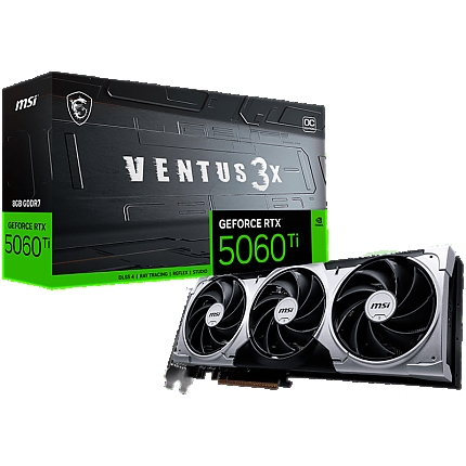 MSI Video Card NVIDIA GeForce RTX 5060 Ti 8G VENTUS 3X OC, 8GB GDDR7, 128-bit, 2617 MHz Boost, 4608 CUDA Cores, PCIe 5.0 (x8), 3x DP 2.1b, HDMI 2.1b, RAY TRACING, Triple Fan, 180W TDP, 8-pin PCIe Power, G-SYNC, 2-Slot, 3Y