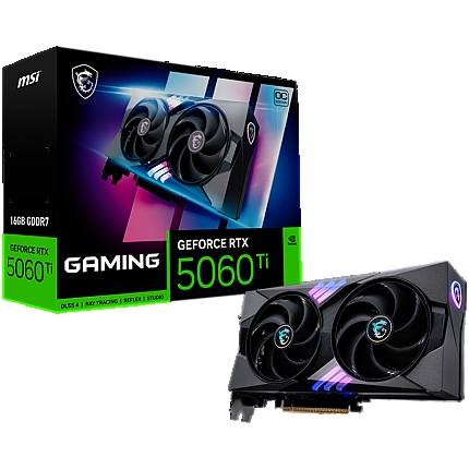 MSI Video Card NVIDIA GeForce RTX 5060 Ti 16G GAMING OC, 16GB GDDR7, 128-bit, 2662 MHz Boost, 4608 CUDA Cores, PCIe 5.0 (x8), 3x DP 2.1b, HDMI 2.1b, RAY TRACING, Dual Fan, 180W TDP, 16-pin PCIe 5.0 (12V-2x6), RGB Lighting, G-SYNC, 2.5-Slot, 3Y
