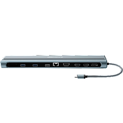 CANYON DS-90, 14 in 1 hub, with Type C female *2,Type C male *1:max 10Gbps,USBA*3:max 10Gbps,DP*1，VGA*1,SD card slot*1,TF card slot*1,Audio 3.5 audio*1,HDMI*2,RJ45*1,cable length 0.20m,Aluminum alloy housing,76*22.5*301mm,Dark grey