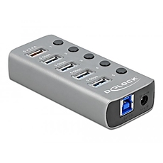 USB хъб Delock 3.2 Gen 1, 4 x USB-A, 1 Fast Charging Port, 1 x USB-B, Подсветка, Сив