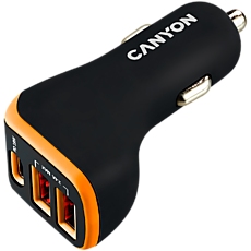 CANYON Universal 3xUSB car adapter, Input 12V-24V, Output DC USB-A 5V/2.4A(Max) + Type-C PD 18W, with Smart IC, Black+Orange with rubber coating, 71*39*26.2mm, 0.028kg