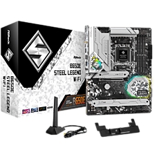 ASROCK MB Desktop B650E Steel Legend, AM5, 4x DDR5, 1x PCIe 5.0 x16, 1x PCIe 3.0 x16, 1x Blazing M.2(PCIe Gen5x4), 2x Hyper M.2(PCIe Gen4x4), 2x SATA3 6.0 Gb/s, 7.1 CH HD Audio, 1x HDMI, 1x DisplayPort, 2.5G LAN, 802.11ax Wi-Fi 6E + Bluetooth ASROCK MB Desktop B650E Steel Legend, AM5, 4x DDR5, 1x PCIe 5.0 x16, 1x PCIe 3.0 x16, 1x Blazing M.2(PCIe Gen5x4), 2x Hyper M.2(PCIe Gen4x4), 2x SATA3 6.0 Gb/s, 7.1 CH HD Audio, 1x HDMI, 1x DisplayPort, 2.5G LAN, 802.11ax Wi-Fi 6E + Bluetooth