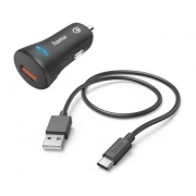 Зарядно за кола HAMA 12-24 V /USB-C 3A, Qualcomm Quick Charge 3.0, 19.5W+ кабел USB-C, 1 м, черен