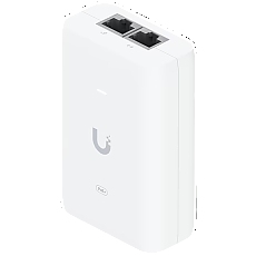 Ubiquiti U-POE+ adapter 30W, powers UniFi PoE+ devices, reduce dependency on PoE switch power, Contains RJ45 data input, AC cable with earth ground, and PoE+ output
