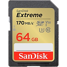 SanDisk Extreme 64GB SDXC Memory Card + 1 year RescuePRO Deluxe up to 170MB/s & 80MB/s Read/Write speeds, UHS-I, Class 10, U3, V30